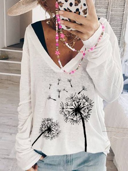 

Printed V Neck Cotton Long Sleeve T-shirt, White, Blouses & Shirts