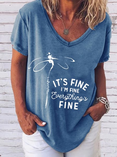 

Short Sleeve V Neck Plus Size Printed Tops T-Shirts, Blue, T-Shirts