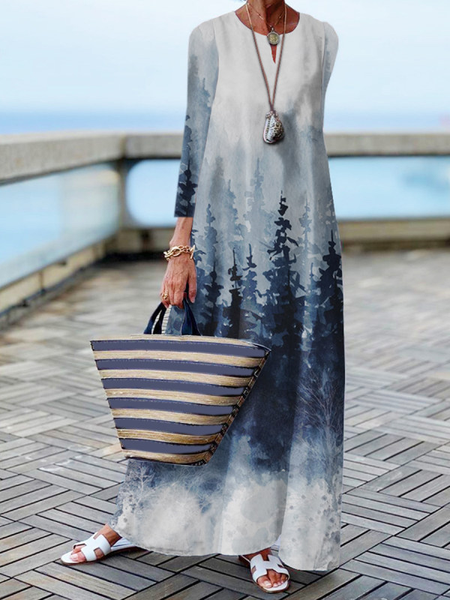 

Cotton-Blend Long Sleeve Dresses, Blue, Tie dye dress