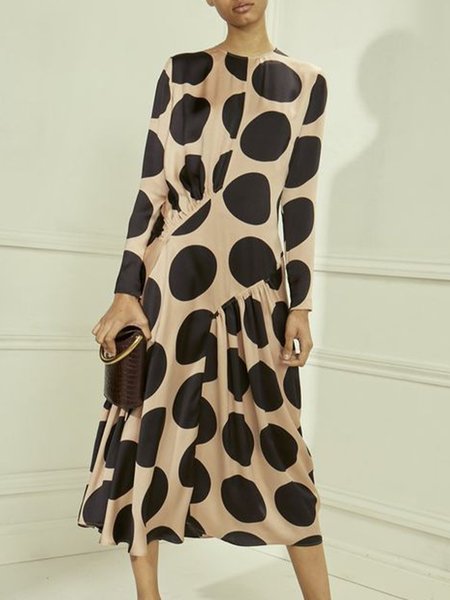 

A-Line Holiday Polka Dots Crew Neck Dress, As picture, Midi Dresses