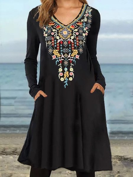 

Abito Scollatura mestiere pesante Ricamo Maniche Lunghe, Nero, Midi Dresses