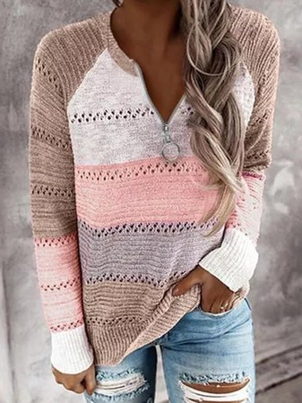 

Casual Stripe V Neck Long Sleeve Shift Top, Apricot, Sweaters & Cardigans