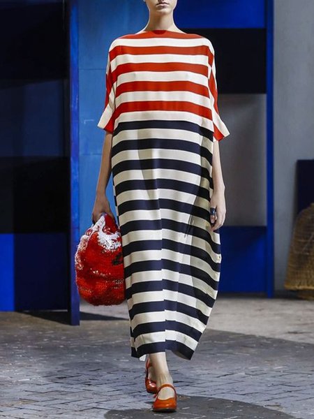 

Stripes Half Sleeve Casual Maxi Dress, As picture, Maxi Dresses