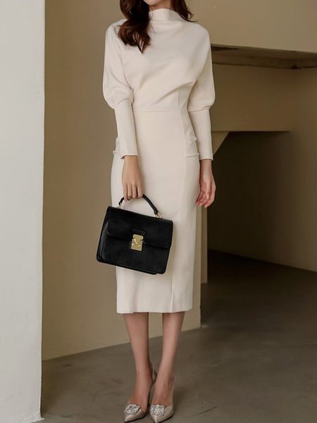 

Elegant Plain Long Sleeve Midi Dress, Beige, Midi Dresses