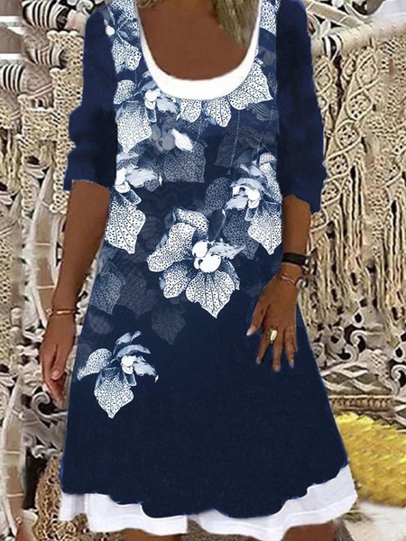 

Fake Two Piece A-Line Floral Long Sleeve Dresses, Blue, Floral Dresses