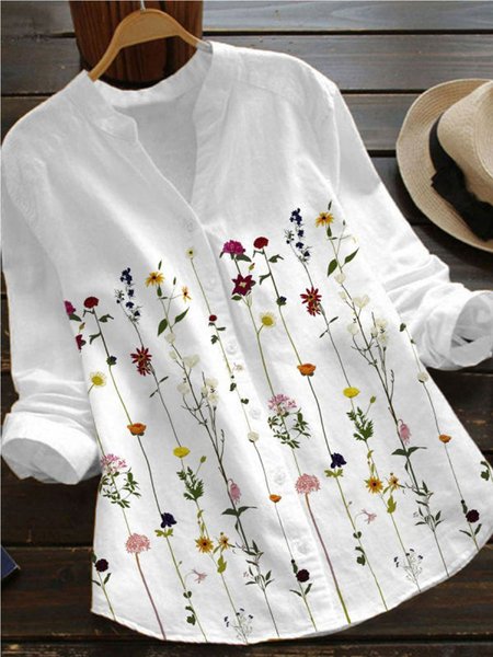 

Casual Printed V Neck Long Sleeve Shirts & Tops, White, Blouses & Shirts