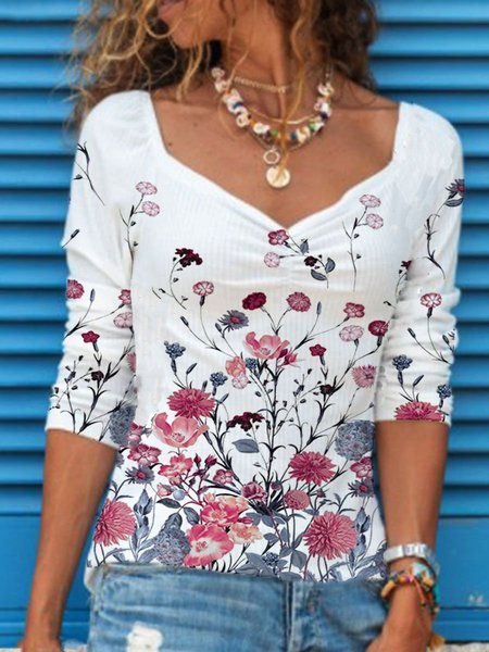 

Casual Floral Shirts & Tops, White, Long sleeve tops