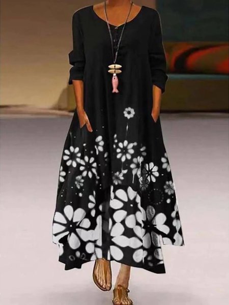 

Floreale Stampato Floreale Maniche Lunghe Statement Abito, Nero, Maxi Dresses