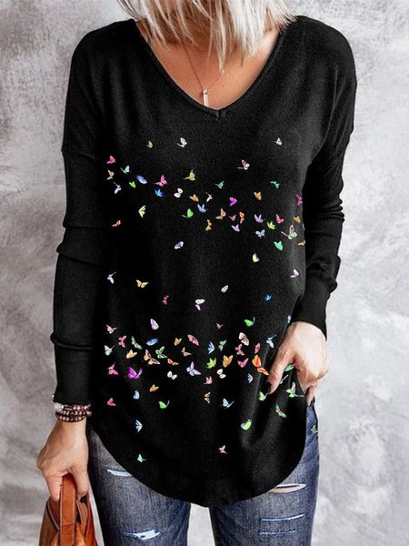 

Casual Printed Long Sleeve Shirts & Tops, Black, T-Shirts