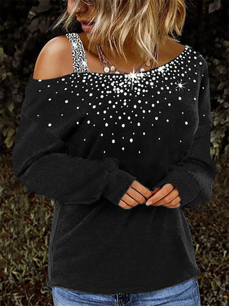 Paillettes Spalla Nuda Camicie & Top, Nero, Blouses & Shirts