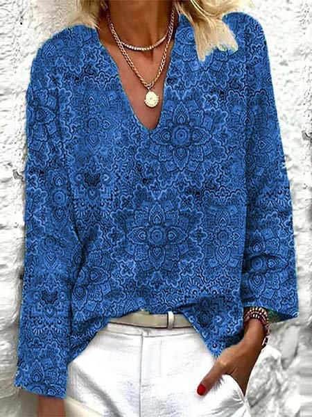 

Boho Style Floral V Neck Long Sleeve Casual Shirt, Blue, Long Sleeves