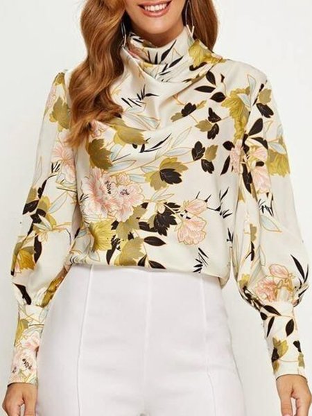 

Floral Long Sleeve Shift Turtleneck Shirt, As picture, Blouses and Shirts
