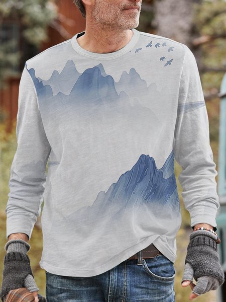 Men's casual long-sleeved printed T-shirt, White, Men's t-shirts