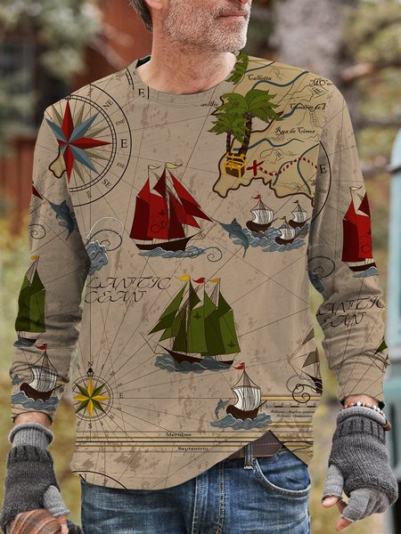 

Men's casual long-sleeved printed T-shirt, Deep khaki, Men's t-shirts