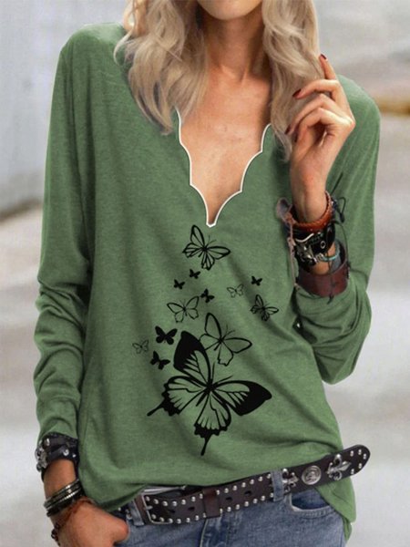 Casuale Scollo a V Farfalla Maniche Lunghe Top, Verde, T-Shirts