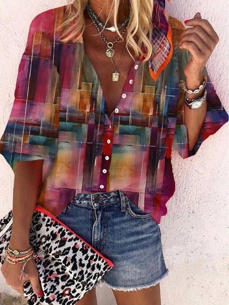 

Multicolore Geometrico Stampato Scollo a V 3/4 Manica Dritto Vacanza Casuale Top, Blouses & Shirts