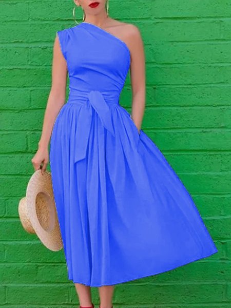 

Vintage A-Line One Shoulder Midi Dress, Blue, Midi Dresses