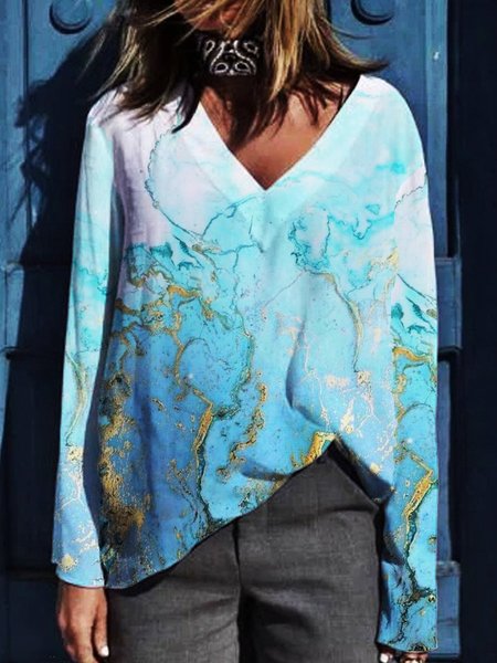 

Light Blue Printed Casual Holiday Beach V Neck Long Sleeve Shift Shirts & Tops, Blouses & Shirts