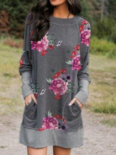

Floral Long Sleeve Casual Shift Dresses, Gray, Floral Dresses