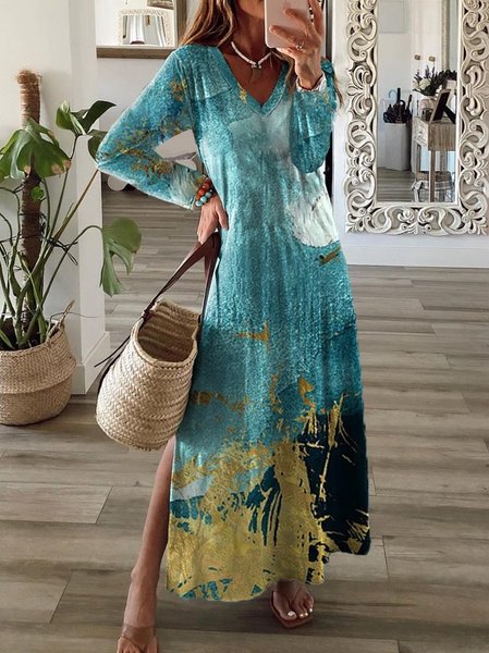 

Abito Maniche Lunghe Astratto Dritto Cotone, Blu, Midi Dresses