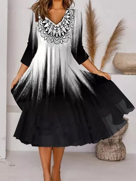 

Maniche Lunghe Abito con Floreale Collo, Nero, Midi Dresses