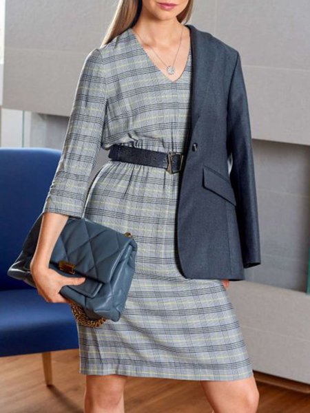 

3/4 Sleeve Checkered/Plaid Elegant Dress, As picture, Mini Dresses