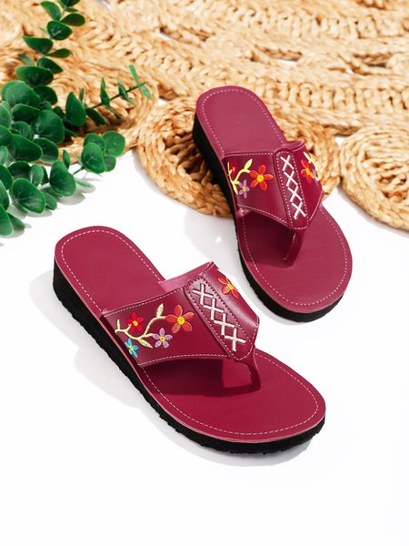 

Multicolor Flower Embroidery Flip Flops, Wine red, Sandals