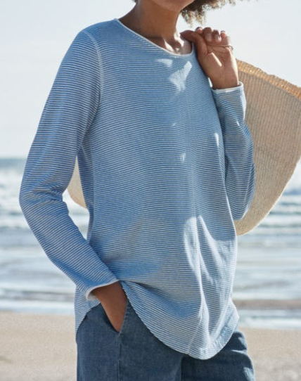 

Stripes Cotton-Blend Long Sleeve Crew Neck Shirts & Tops, Blue, Shirts & Blouses
