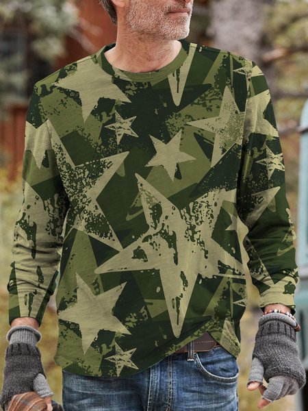

Men's casual long-sleeved printed T-shirt, Green, Men's t-shirts