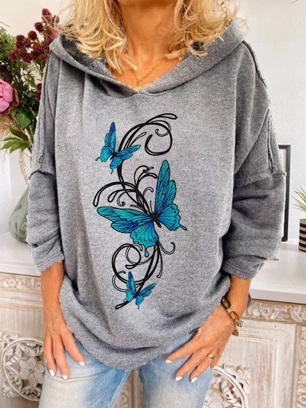 

Casual long-sleeved butterfly print hooded sweatshirt, Gray, Hoodies & Sweatshirts