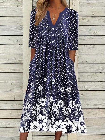 

Scollo a V Casuale Floreale Abito Cotone, Blu, Dresses