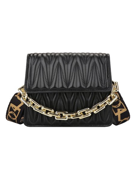 

Metal Chain Pleated Faux Leather Shoulder Wide Crossbody Bag, Black, Women's Bags