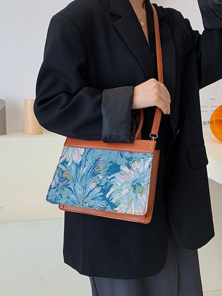 

Floral Embroidery Oil Painting Stitching Diagonal Bag, Brown, Bags