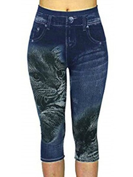 

Vintage Floral Cat Printed Stretchy Plus Size Casual Capris Leggings, Cat pattern, Denim Shorts