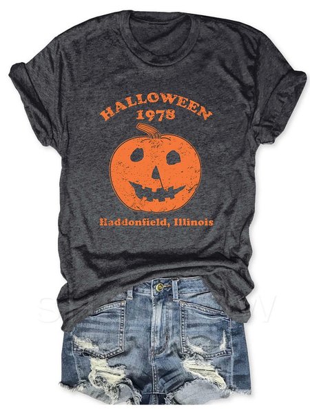 

Halloween 1978 Pumpkin T Shirt Jack O Lantern Crew Neck Short Sleeve Shirt, Gray, T-shirts