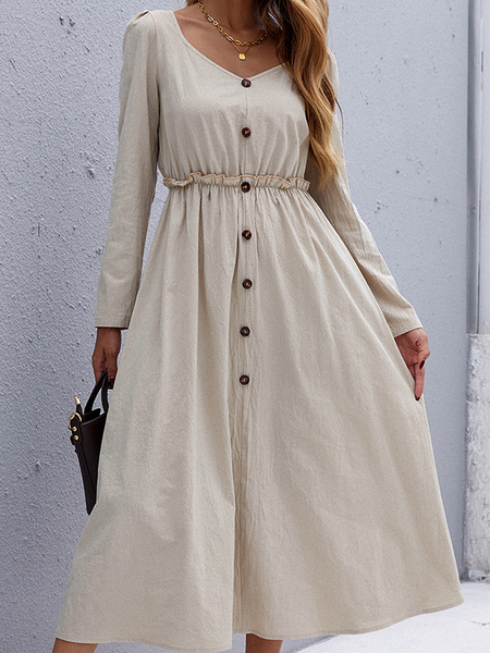 

Long Sleeve Simple Dresses, Khaki, Casual Dresses