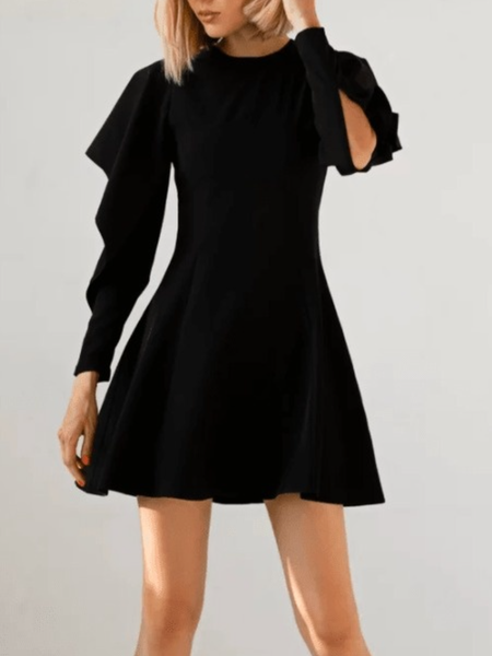 

Fall A-line Long Sleeve Crew Neck Simple Date Lady Dresses, Black, Mini Dresses