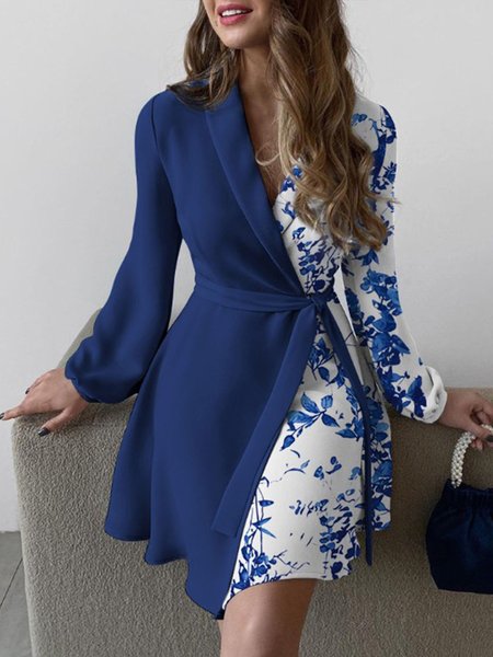 

Printed Floral Shawl Collar Long Sleeve Dress, Blue, Mini Dresses