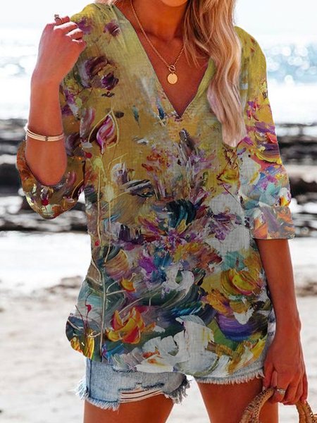 

V Neck Holiday Tops, As picture, Blouses & Shirts