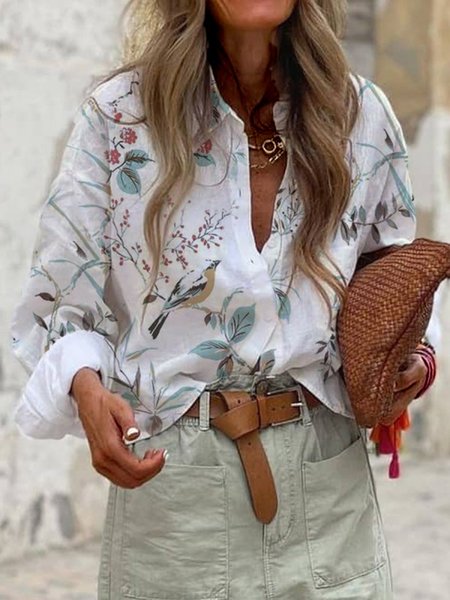 

Vintage Floral Casual Long Sleeve Shift Blouse, White, Shirts & Blouses
