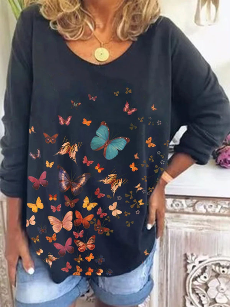 

Long Sleeve Crew Neck Casual Printed Shirts & Tops, Dark blue, T-Shirts