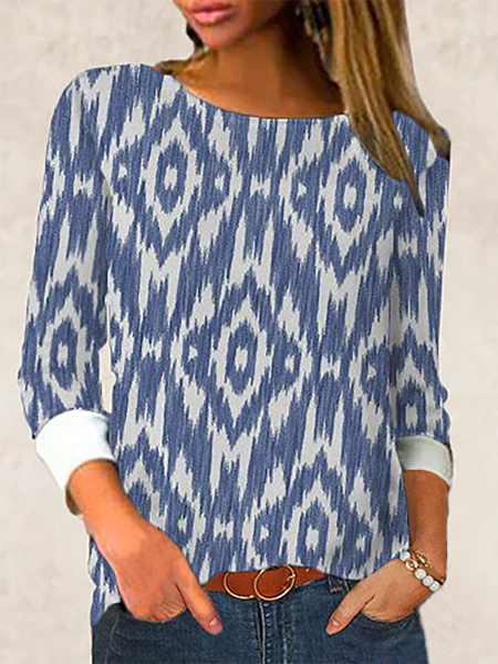 

Plus size Geometric Printed Crew Neck Shirts & Tops, Blue, Blouses & Shirts