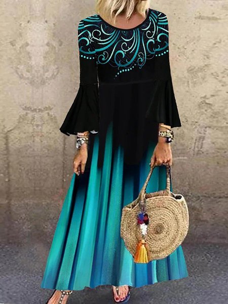 

A-line Maniche Lunghe Bohemian Scollo a Barchetta Abito, Multicolore, Maxi Dresses