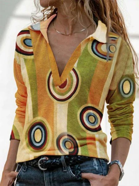

Vintage Geometric Contrast Printed Loose Long Sleeve V-neck Plus Size Casual T-shirt, Multicolor, T-Shirts