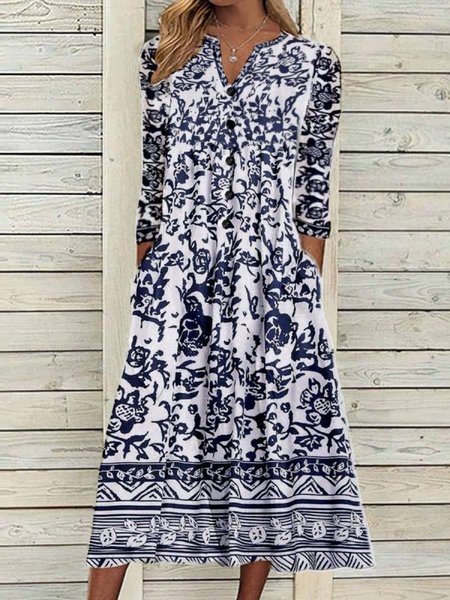 

Casuale Scollo a V Stampato 3/4 Manica Abito, Blu, Midi Dresses
