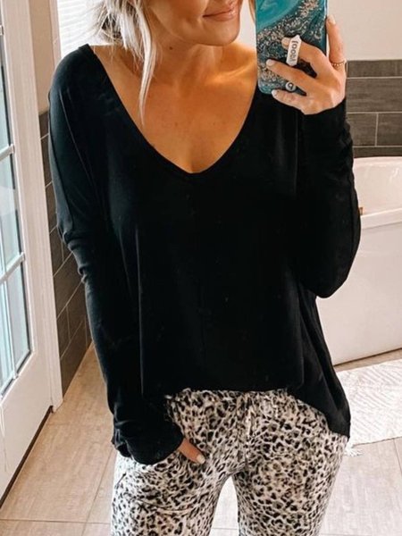 

Casuale Maniche Lunghe Scollo a V Top, Nero, T-Shirts