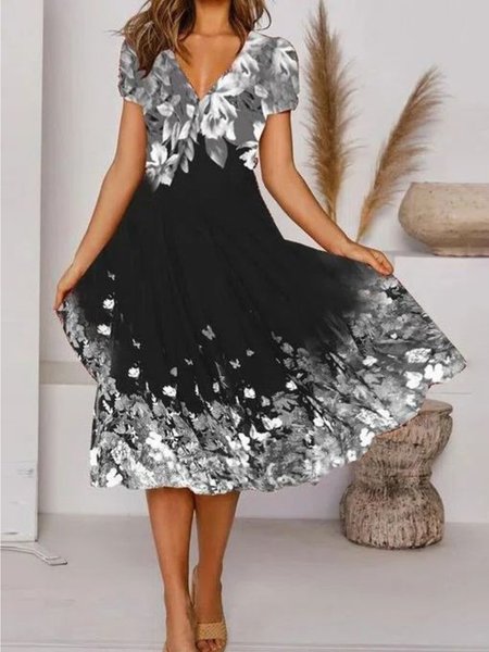 

Casuale Maniche Corte Stampata Floreale Abito, Nero, Midi Dresses