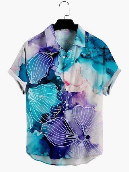 

Mens Aqua Floral Print Pocket Lapel Casual Loose Short Sleeve Hawaiian Shirt, Blue, Men's Floral shirt