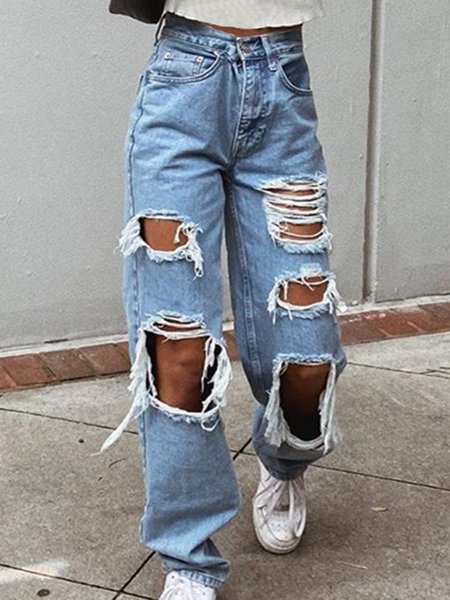 

Statement Ripped Solid Pockets Plus Size Casual Denim Jeans, Blue, Jeans