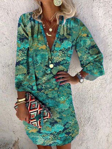 

Shift Long Sleeve Casual V Neck Dresses, Green, Tie dye dress